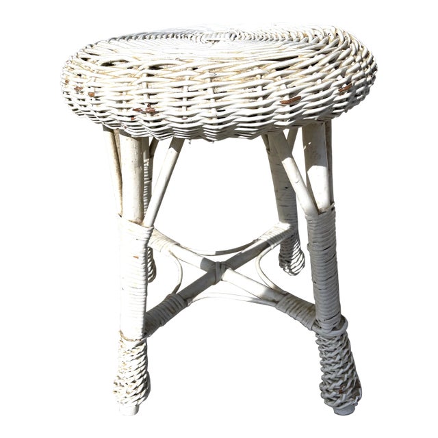 Mid 20th Century White Wicker/Rattan Drink/Plant Stand/Table or Vanity Bohemian Stool For Sale