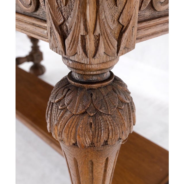 Heavily Fine Carved Oak Small Partners Desk Console Writing Table Mint For Sale - Image 15 of 18
