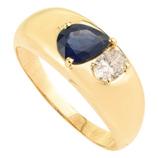 14k Yellow Gold Cigar Band Ring With Blue Sapphire & Diamond Size 6 For Sale