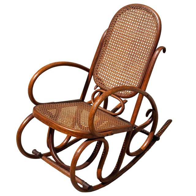 Victorian Antique Vienna Secession Cane & Bent Oak Scrolling Children Sized Rocking Chair, Attributed to Thonet For Sale - Image 3 of 6