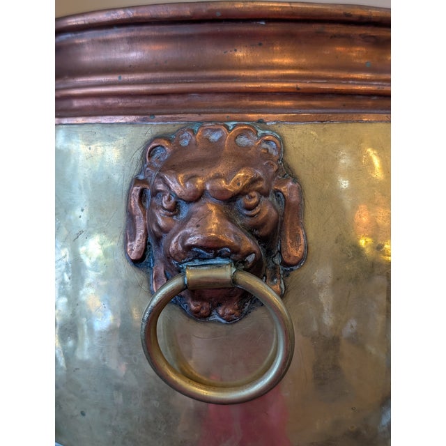 Antique French Copper and Brass Jardiniere With Crest and Lion Head Handles For Sale - Image 10 of 12