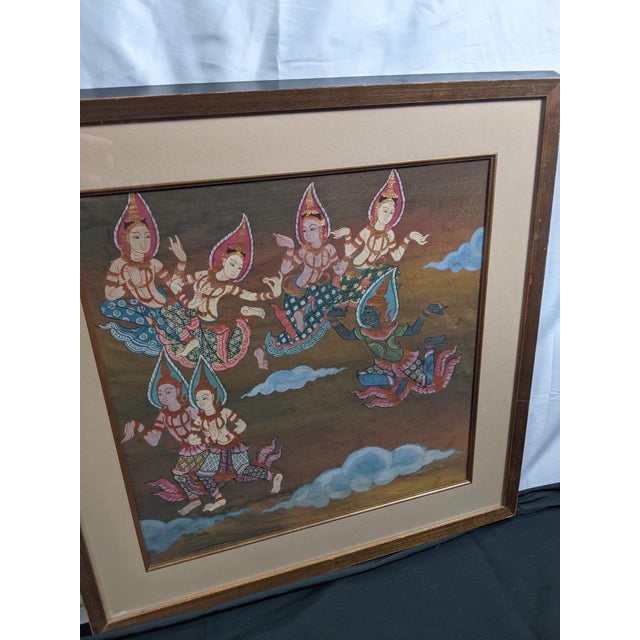 Late 20th Century Pair of Thai Celestial Figure Paintings on Fabric, Gilt Frames For Sale - Image 9 of 14