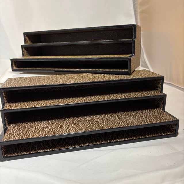 Vintage Dransfield & Ross Mid-Century Modern Faux Shagreen Leather Letter Holder Set in Brown, Circa 2000’s For Sale - Image 9 of 10