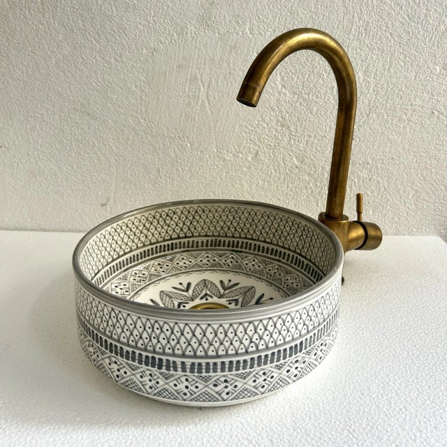 Gray Handcrafted Ceramic Pottery Round Vessel Washbasin Sink With Brass Drain For Sale - Image 4 of 10