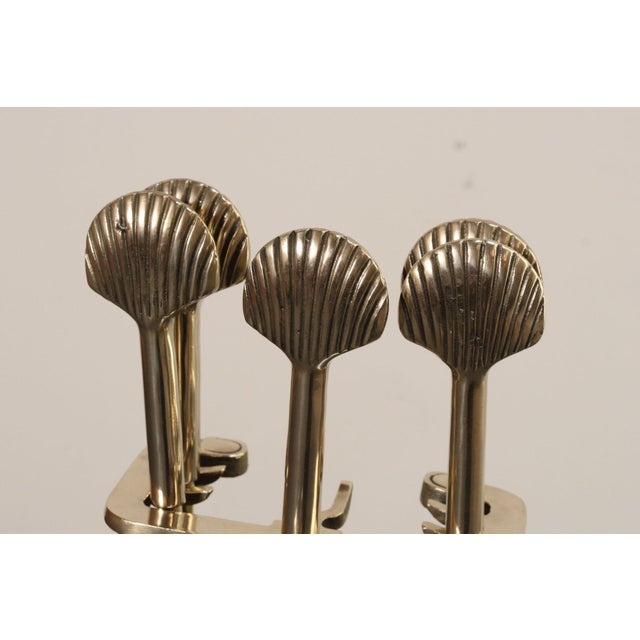 Hollywood-Regency Style Brass Fireplace Tool Set With Seashell Handles and Pan For Sale - Image 14 of 18