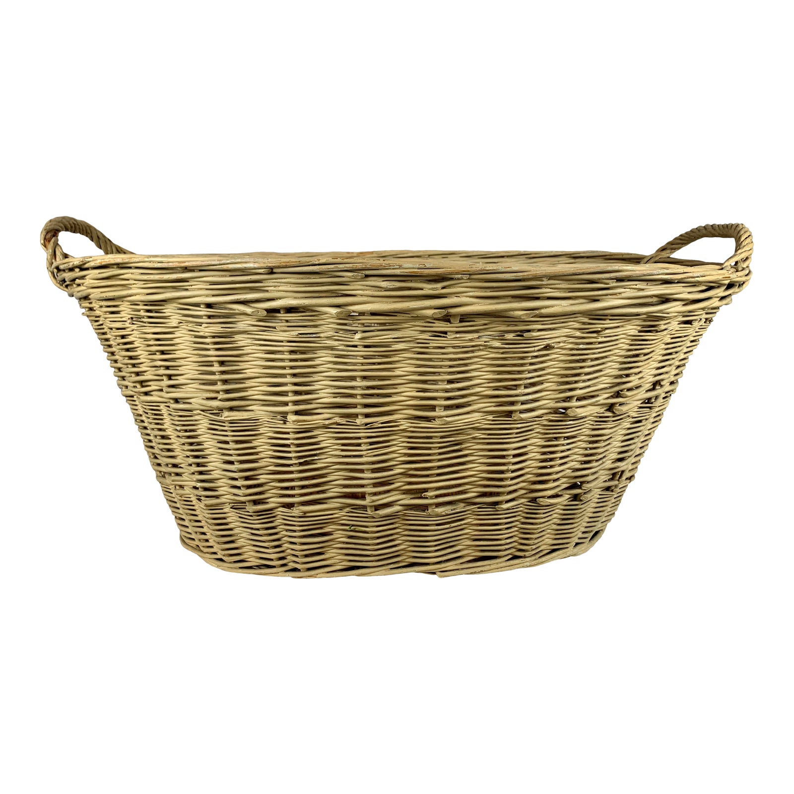 Large Vintage English Willow Hand Woven Oval Laundry Basket With Two