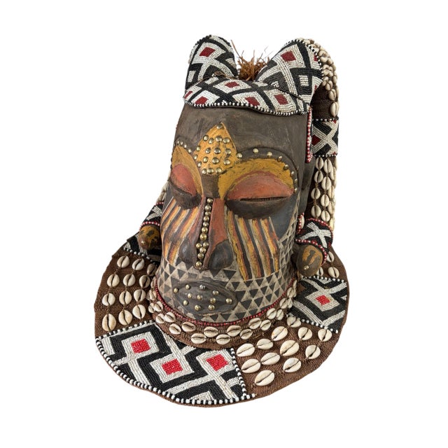 Wood Vintage Large African Tribal Kuba Royal Head Mask Congo 14" H For Sale - Image 7 of 10