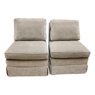 Baker Furniture Newly Re-Upholstered Armless Slipper Chairs in Velvet Chenille -a Pair For Sale