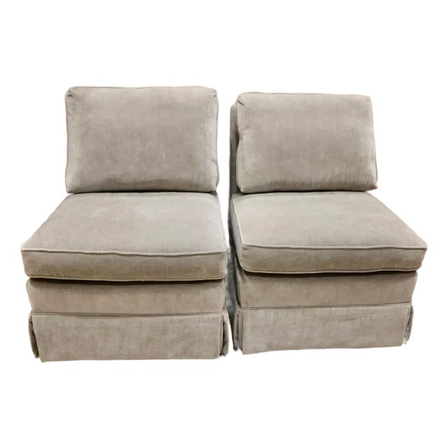 Baker Furniture Newly Re-Upholstered Armless Slipper Chairs in Velvet Chenille -a Pair For Sale