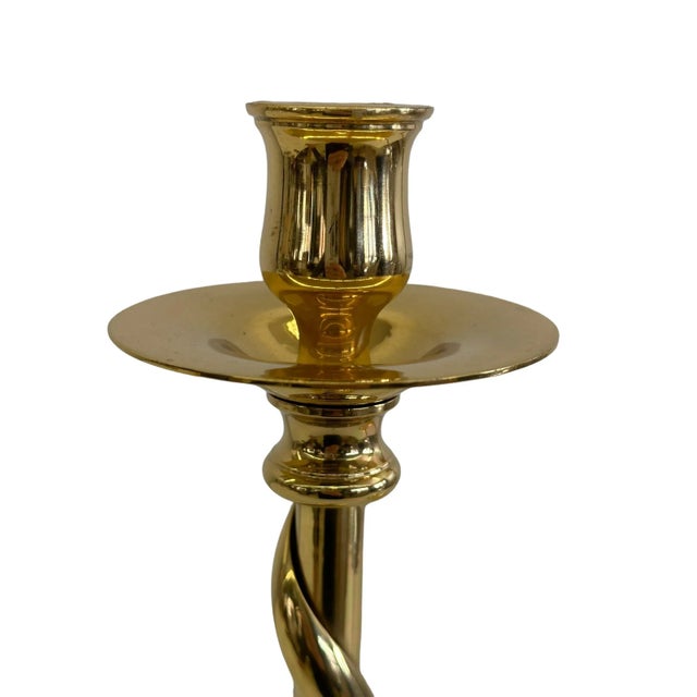 Gold Set of Three Mid 20th Century Brass Barley Twist Candlesticks For Sale - Image 8 of 10
