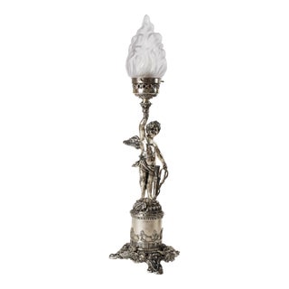 1950s Spanish Empire Silver-Plated Cast Brass Cupid Cherub Lamp With Scavo Flame Shade For Sale