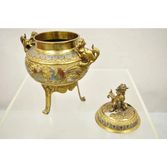 Vintage Japanese Cloisonne Enamel Champleve Bronze Foo Dog Incense Burner For Sale - Image 9 of 12