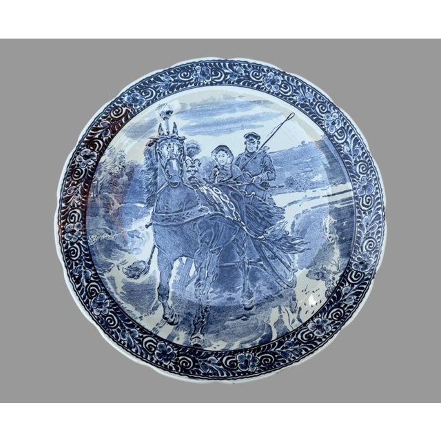 Vintage Boch Belgium Blue & White Decorated Scenic 15.5” Charger Horse Carriage For Sale - Image 6 of 9