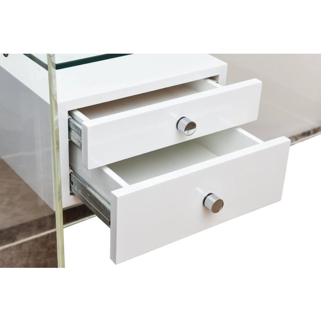 Karl Springer Vintage White Lacquered Over Wood, Chrome, Steel, Glass and Lucite Floating Desk Custom, 1970's For Sale - Image 4 of 10