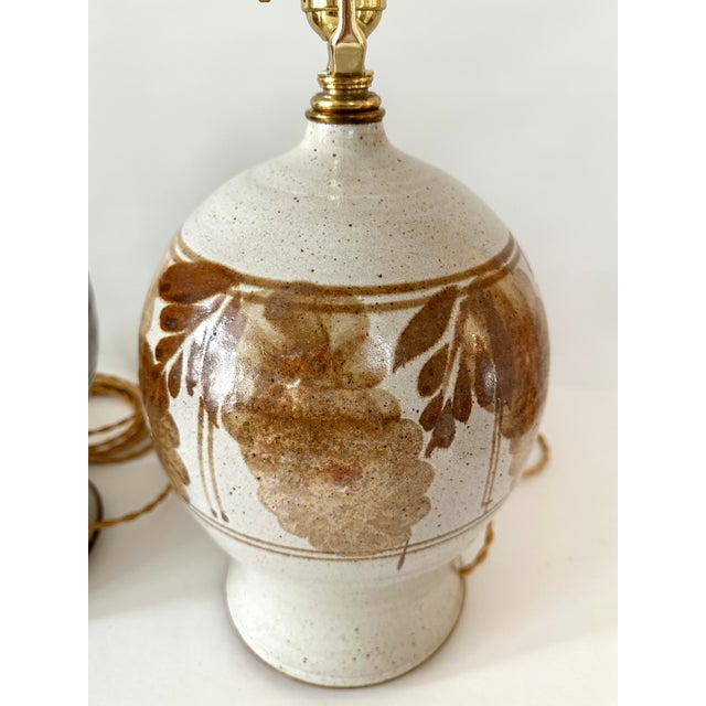 1970s Hand Thrown Stoneware Lamps With Floral Motif - a Pairf For Sale - Image 15 of 15