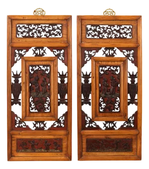 Antique Carved Window Panels in Natural and Red, Set of 2