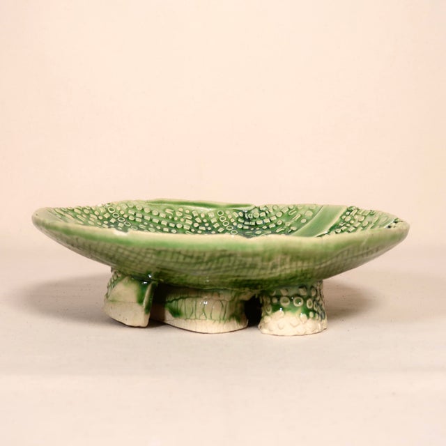 Bottle Green Late 20th Century Signed Wabi Sabi Studio Pottery Sculptural Green Abstract Pattern Textured Pedestal Bowl For Sale - Image 8 of 16
