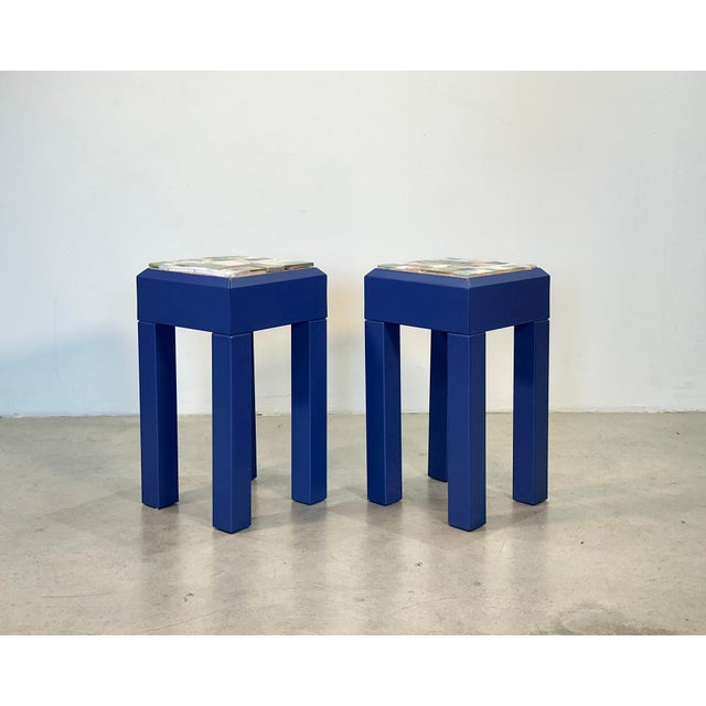 Pair of 1980s coffee tables, blue lacquered wooden structure and ceramic mosaic tops