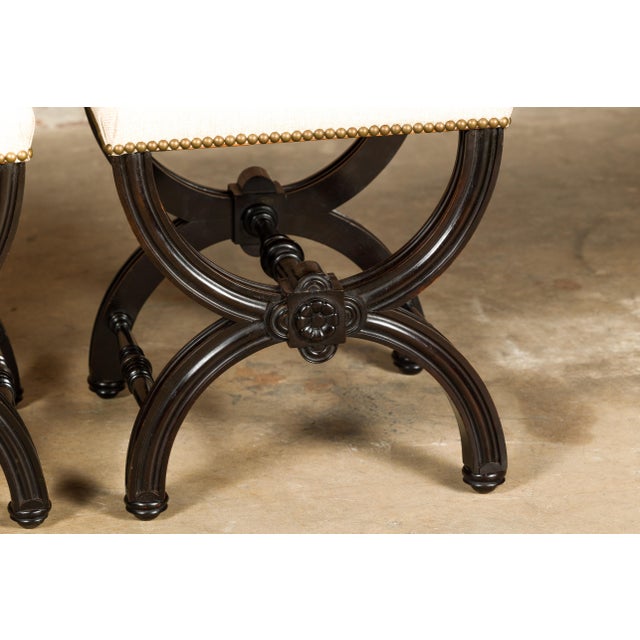 Viennese 1900s Black Stools with X-Form Bases and Custom Upholstery, a Pair For Sale - Image 12 of 12