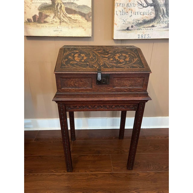 Antique English Slant Top Bible Box Desk Stand Jacobean Carved Oak Lectern C1890 For Sale - Image 4 of 18