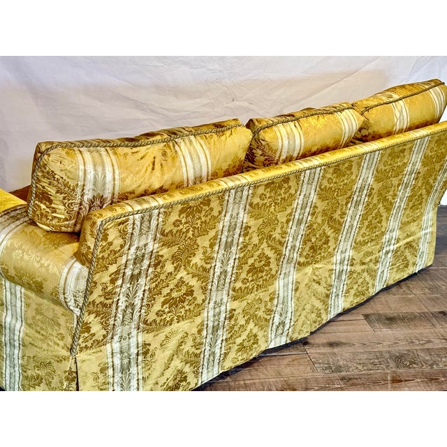 Yellow Vintage Golden Damask Roll Arm Sofa With Skirted Base For Sale - Image 8 of 10