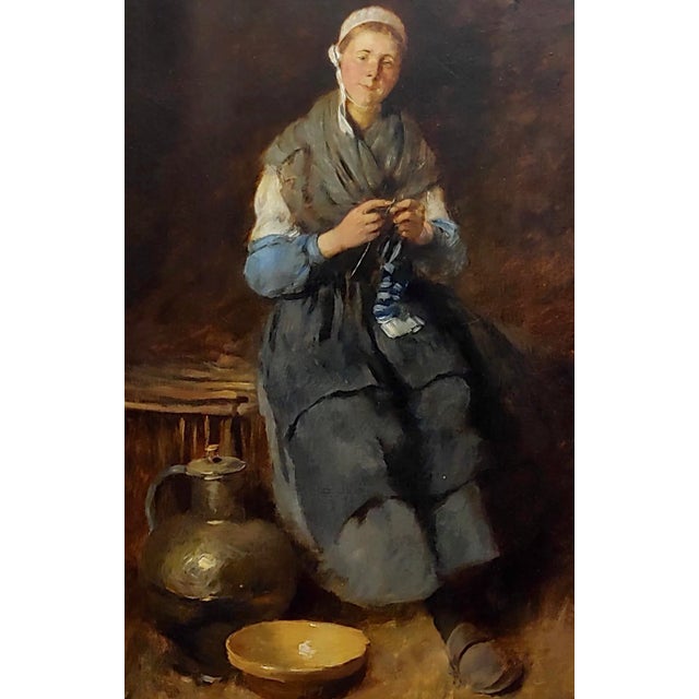 Louis Mettling - Young Woman Knitting -19th century genre Oil Painting Oil painting on board -signed and dated 1884. Wood...