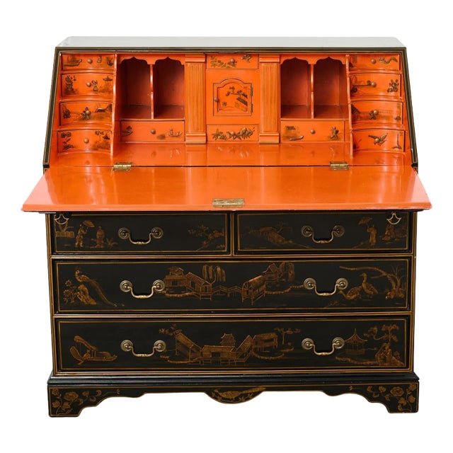 Georgian Style Slant Drop Front Chinoiserie Lacquered Secretary For Sale