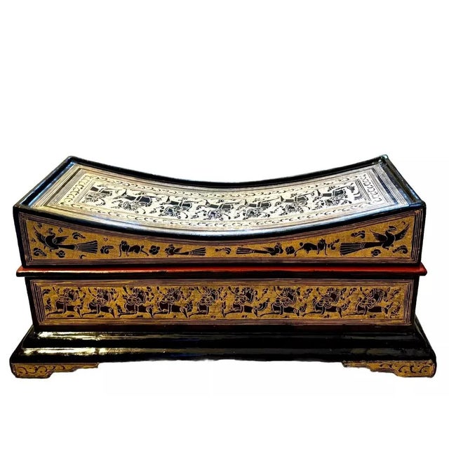 Gold Antique Hand Made Highly Decorated Burmese Gilded Wood Lacquerware Pillow Box For Sale - Image 8 of 10
