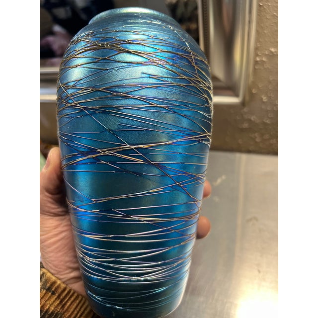 Glass Durand Blue Iridescent Threaded Art Glass Vase Signed Aurene C1920s For Sale - Image 7 of 8