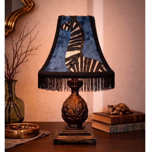 Regal Sapphire Zebra Velvet Lamp Shade With Black Trim & Rayon Fringe For Sale - Image 9 of 9