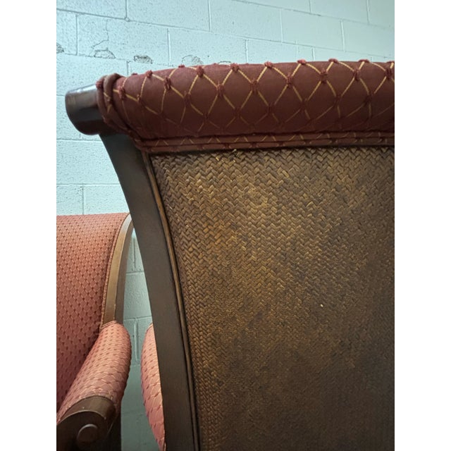 Pair of Ethan Allen Contemporary Italian Provincial Red Upholstered Dining Arm Chairs With Rattan Woven Back & Sides For Sale - Image 10 of 10