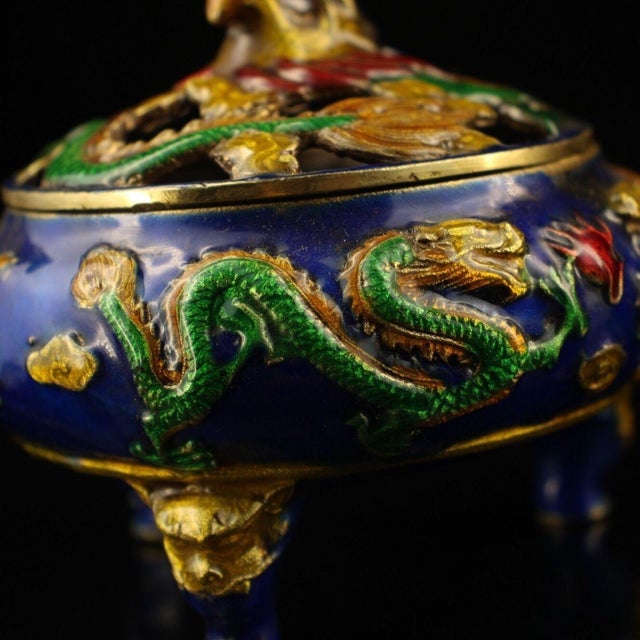 Vintage Cloisonne Enamel Incense Burner – 3.9" Gilt Dragon Tripod Censer For Sale In Los Angeles - Image 6 of 9