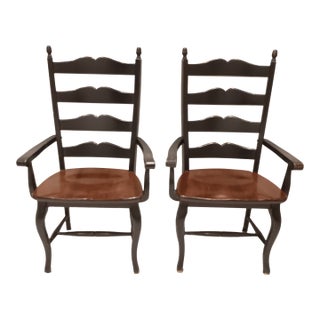 Vintage French Country Farmhouse Ladderback Arm Chairs, Set of 2 For Sale
