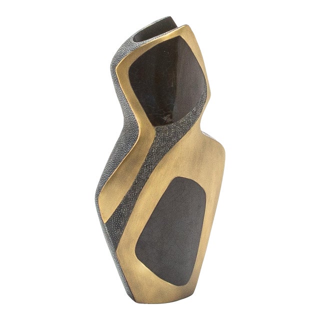 Modern Sculptural Vase in Shagreen With Black Shell and Brass Details by R&y Augousti For Sale