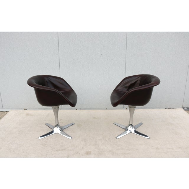 1960 Mid-Century Modern Burke Division Brown Leather Swivel Bucket Chairs, a Pair For Sale - Image 10 of 18