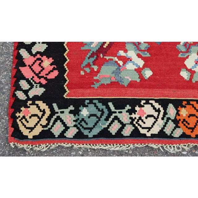Red Mid Century Modern Kilim Wool Area Rug Red Hand Made in Turkey Floral Pattern For Sale - Image 8 of 9