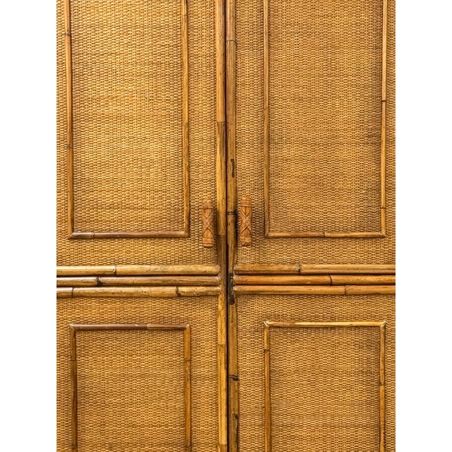 Wood Mid 20th Century Coastal Boho Faux Bamboo Wicker Rattan Armoire Wardrobe Combo With Foldout Desk For Sale - Image 7 of 15