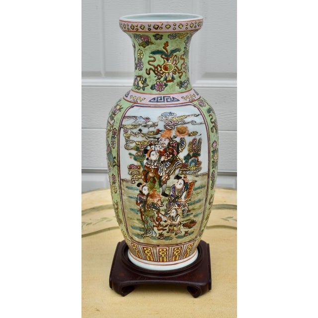 Vtg. Figural Raised Painted Chinese Vase W/Rosewood Stand For Sale - Image 4 of 15