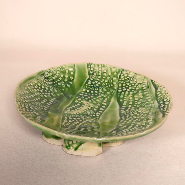 Late 20th Century Signed Wabi Sabi Studio Pottery Sculptural Green Abstract Pattern Textured Pedestal Bowl For Sale - Image 16 of 16