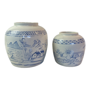Antique Chinese Blue and White Ginger Jars – Pair of Hand-Painted Landscape Scene Porcelain Vessels