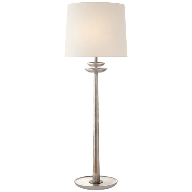Beaumont Medium Buffet Lamp in Burnished Silver Leaf with Linen Shade Designer: AERIN Height: 30" Shade Detail: 9" x 10" x...