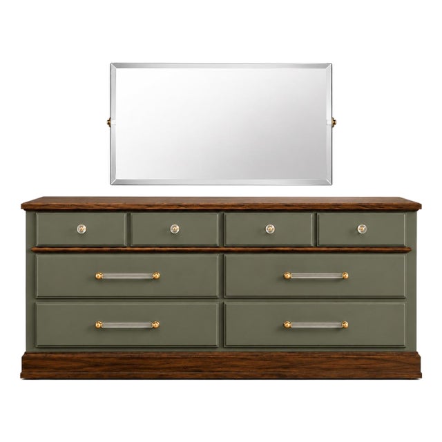 Restored 1960s American Solid Wood Dresser With Frameless Beveled Mirror | Old Chapel Sagewood™ Finish For Sale