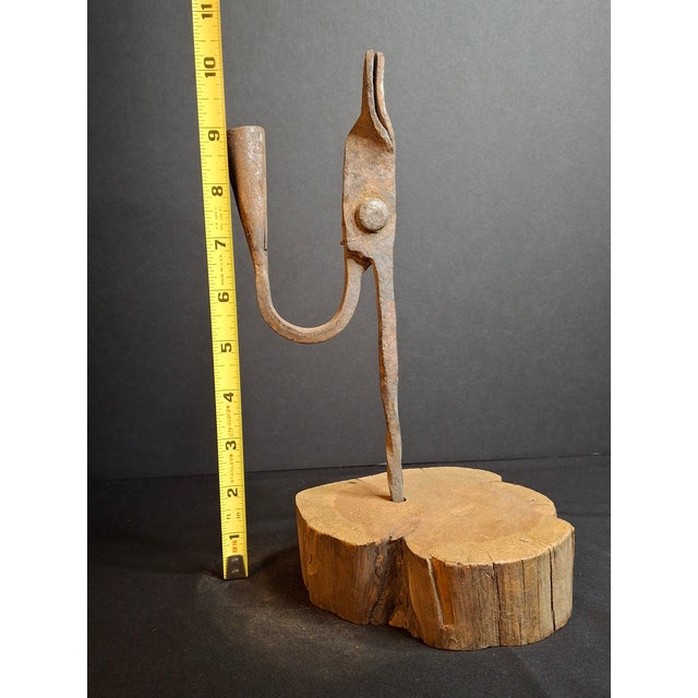 Antique Wrought Iron Rushlight Holder Candle Socket Wood Base Richard Morgan For Sale - Image 16 of 17