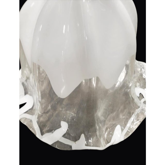 Traditional Vintage Murano Glass Opaline White Clear Ruffled Tulip 1 Light Chandelier Fixture For Sale - Image 3 of 7