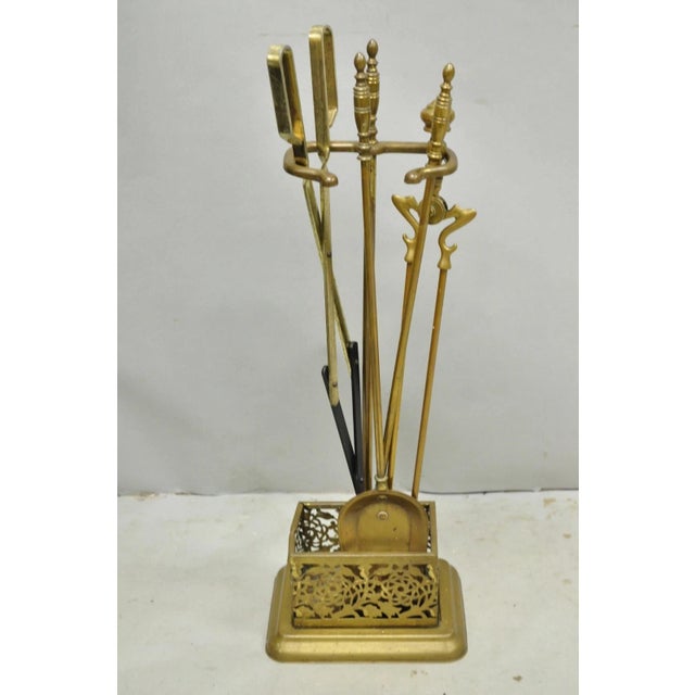 Antique English Federal Brass Urn Finial Fireplace Tool Set With Stand For Sale - Image 12 of 12