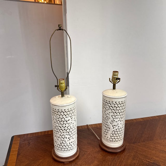 Late 20th Century Chinoiserie Style Pierced Ceramic Table Lamps, Pair For Sale - Image 11 of 12