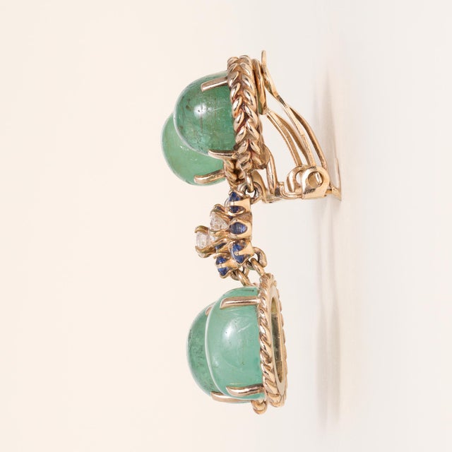Modern Vintage Emerald Cabochon and Diamond Dangle 14k Gold Earrings, A Pair For Sale - Image 3 of 4