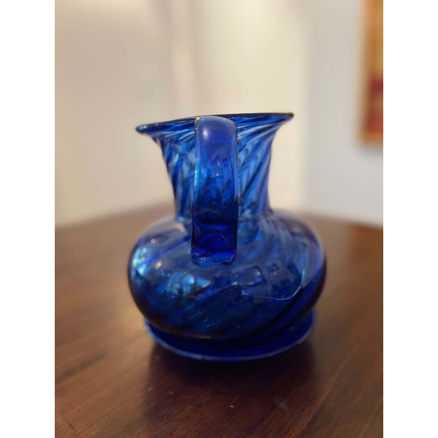 Traditional Vintage Hand-Blown Cobalt Blue Glass Pitcher With Matching Saucer For Sale - Image 3 of 9