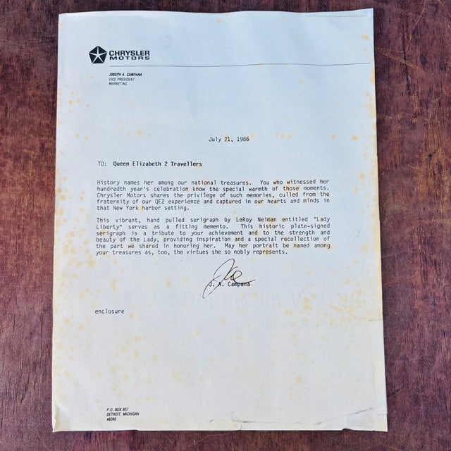 LeRoy Neiman “Lady Liberty” 1986 Plate Signed Serigraph + Chrysler Letter For Sale - Image 15 of 17