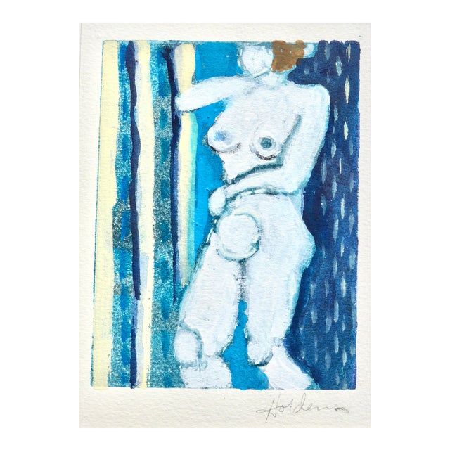 "Lady in Blue Contemporary Abstract Figurative Watercolor and Pastel Drawing by Martha Holden For Sale